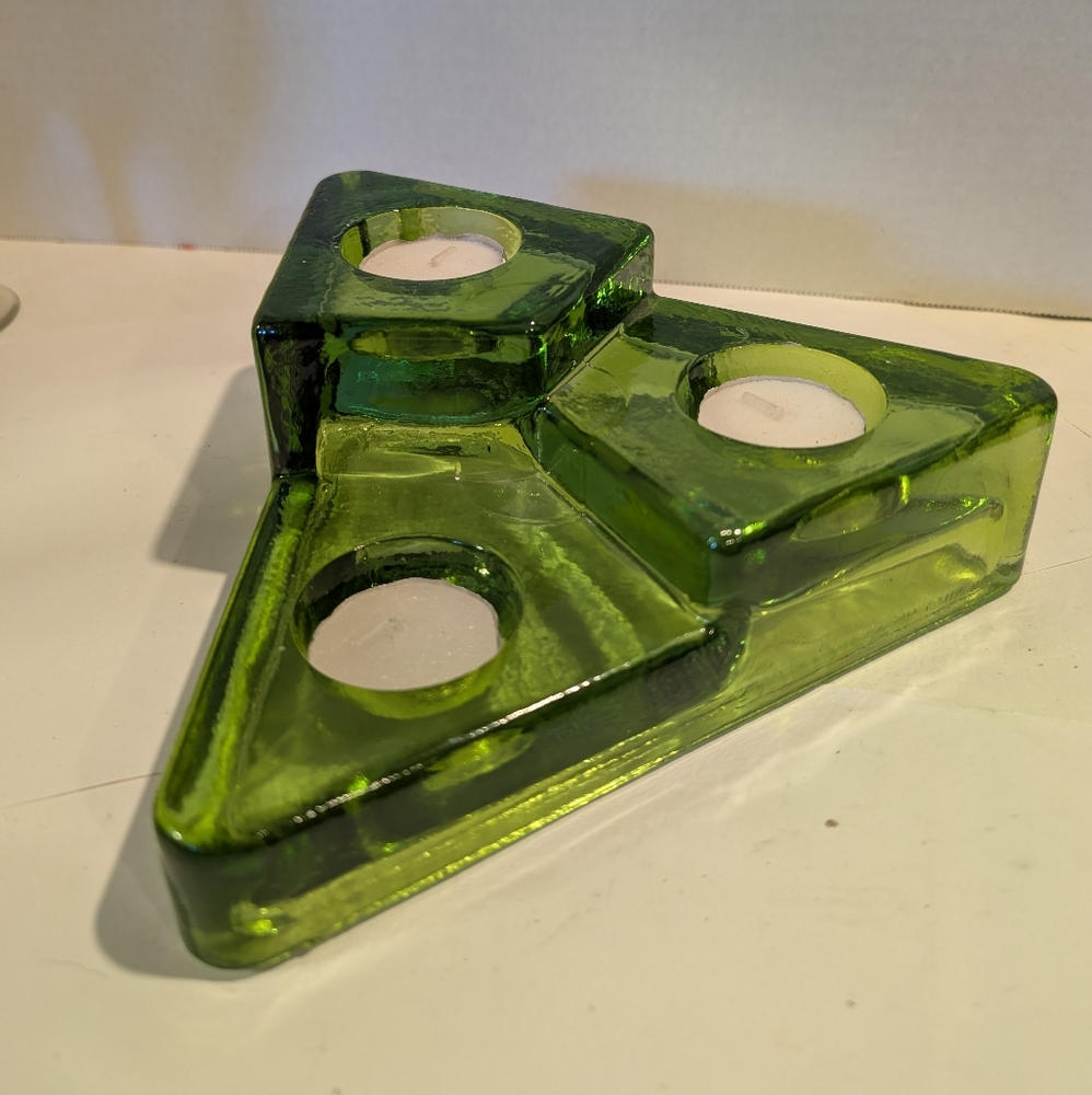 Green Glass Triangle 3 Tiered Votive Candle Holder Spain.
